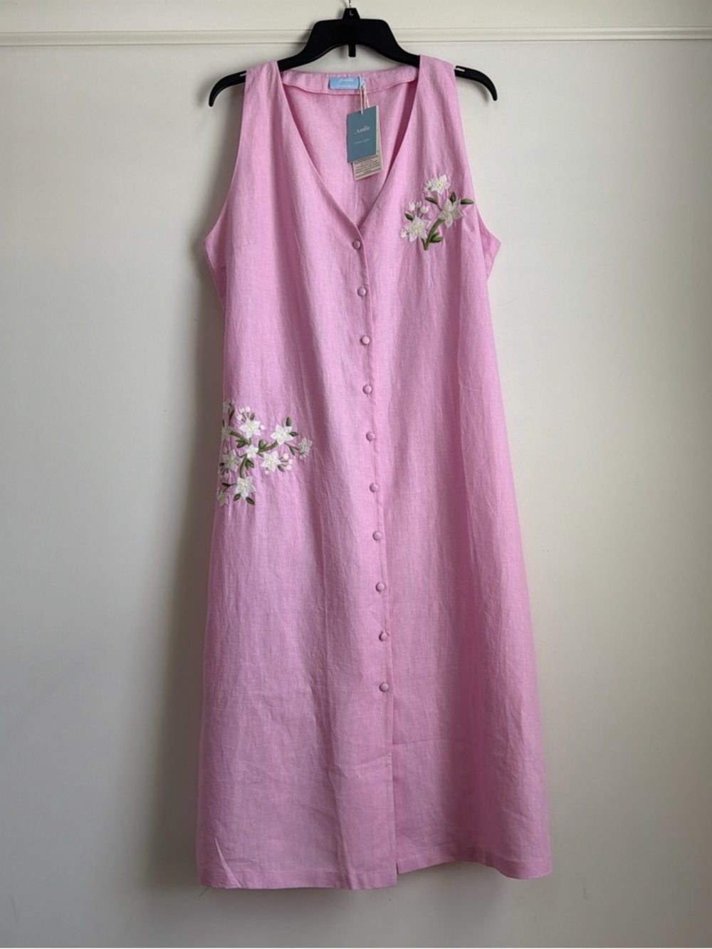 Andie x Fanm Mon Anamur Pink Linen Midi Dress Embroidered Button Front L NWT